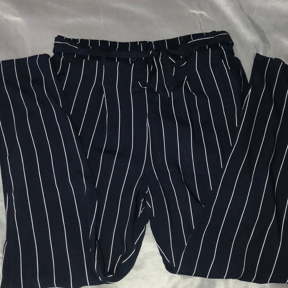 Navy & white pinned stripe high waisted slacks